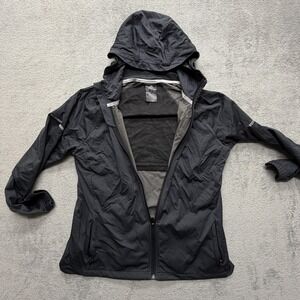 Adidas Jacket Womens Large Black Running‎ Hooded Full Zip Reflective Lightweight
